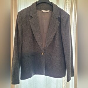 MAJESTIC SPECIALTIES WOMENS 100% WOOL GREY BLAZER W/GOLD BUTTON SZ 16 LIKE NEW
